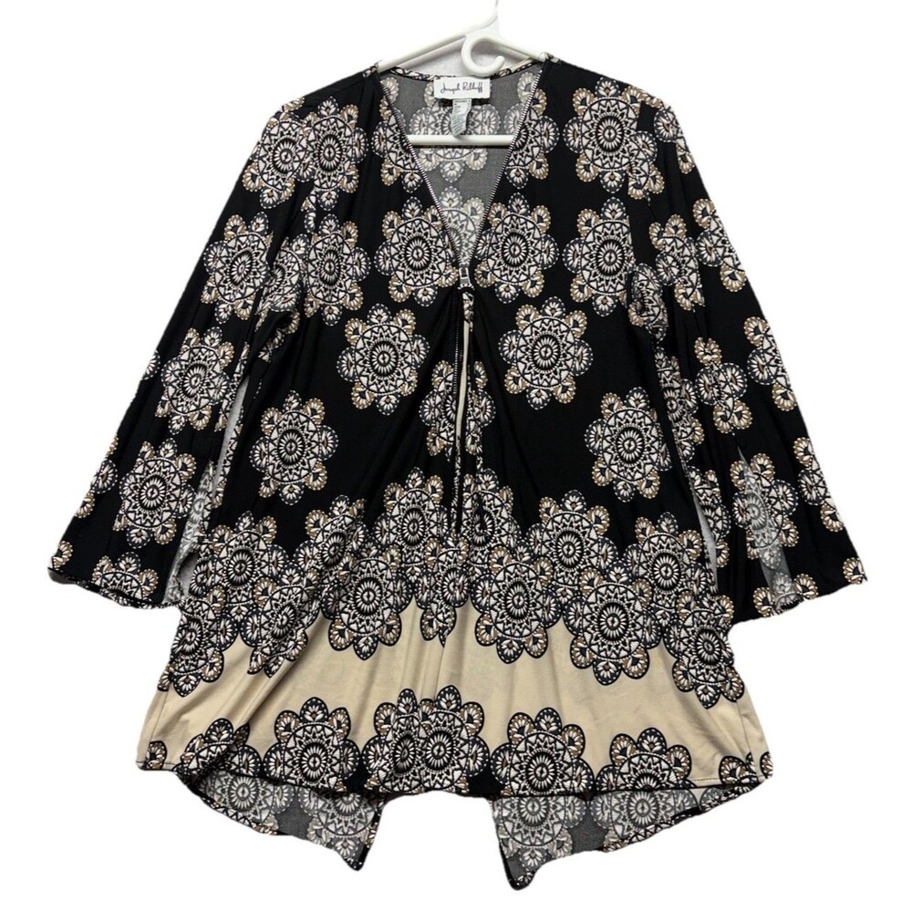 Joseph Ribkoff Blouse Womens Size 8 Black V Neck 1/2 Zip Textured Floral Tunic